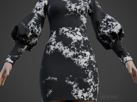 Formal Two-Tone Puff Sleeve Collar Bodycon Mini Dress Outfit 3D Model