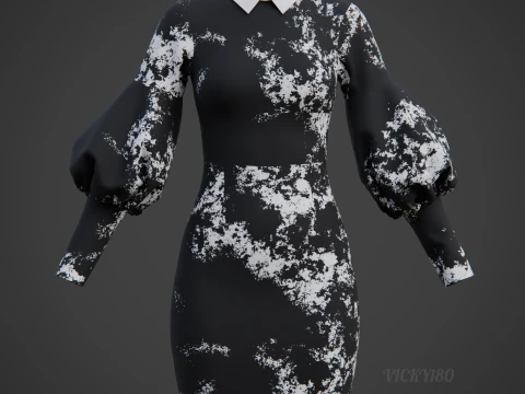 Formal Two-Tone Puff Sleeve Collar Bodycon Mini Dress Outfit 3D Model