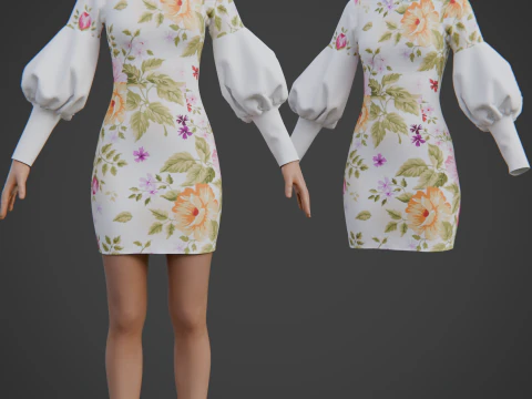 Pretty Floral Mini Dress -Puff Sleeve Collar Bodycon Gown Outfit 3D Model