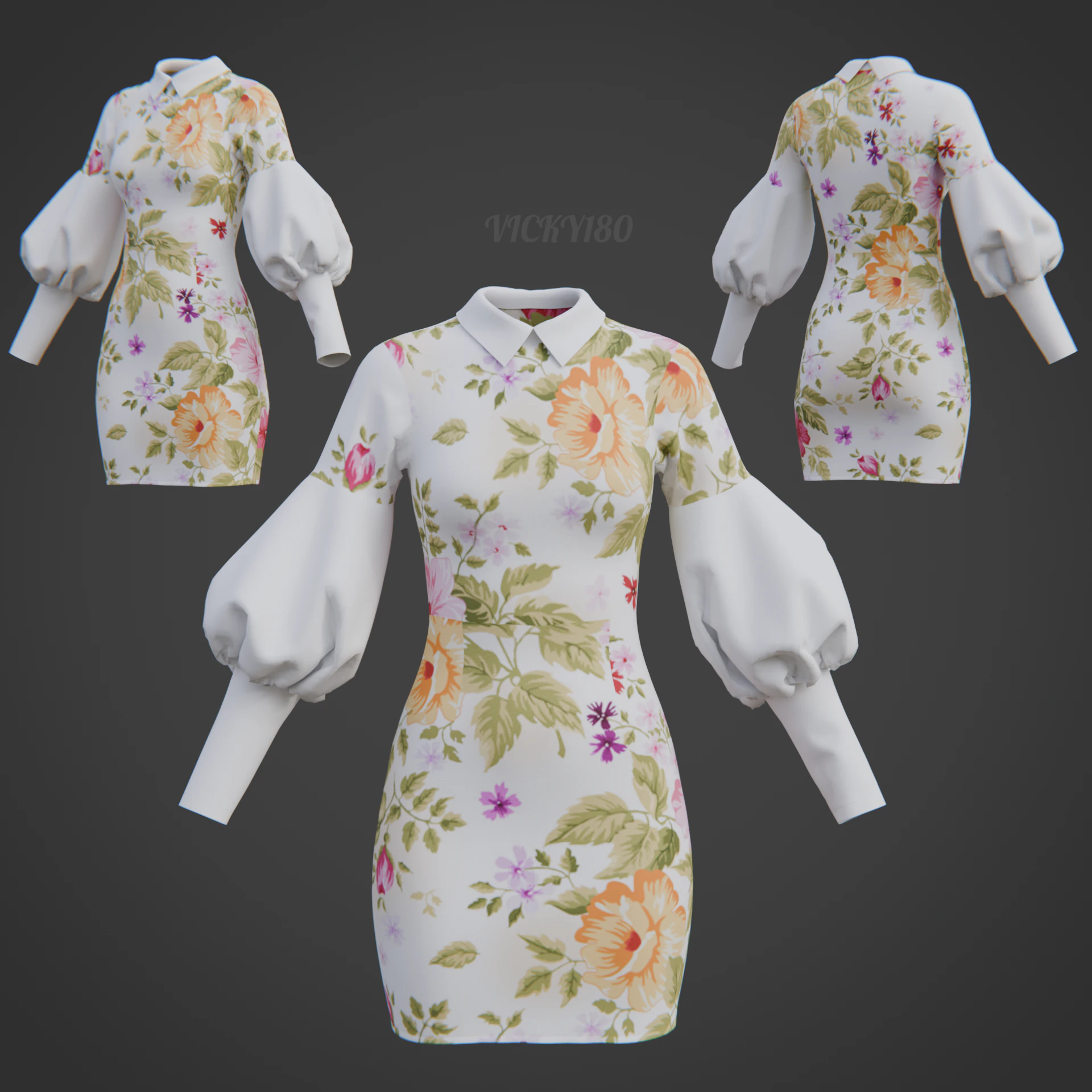 Pretty Floral Mini Dress -Puff Sleeve Collar Bodycon Gown Outfit 3D Model .c4d .max .obj .3ds .fbx .stl .blend 