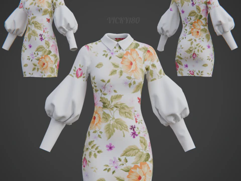 Lindo minivestido floral &ndash; vestido bodycon com gola manga bufante Modelo 3D