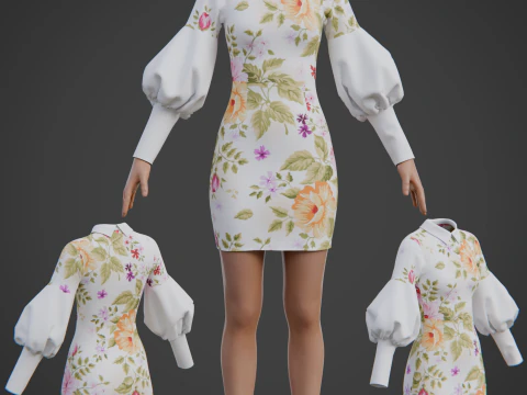 Pretty Floral Mini Dress -Puff Sleeve Collar Bodycon Gown Outfit 3D Model