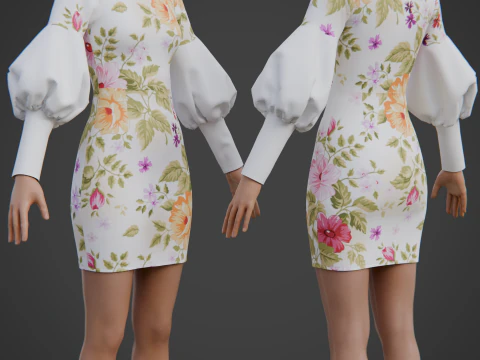 Pretty Floral Mini Dress -Puff Sleeve Collar Bodycon Gown Outfit 3D Model