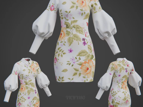 Pretty Floral Mini Dress -Puff Sleeve Collar Bodycon Gown Outfit 3D Model