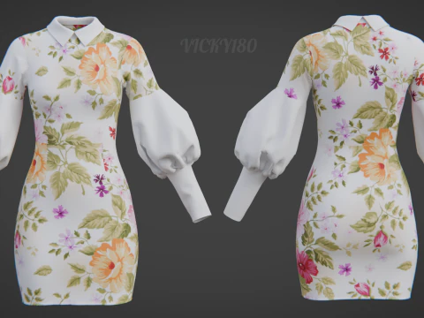 Pretty Floral Mini Dress -Puff Sleeve Collar Bodycon Gown Outfit 3D Model
