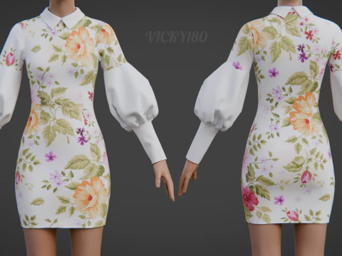 Pretty Floral Mini Dress -Puff Sleeve Collar Bodycon Gown Outfit 3D Model
