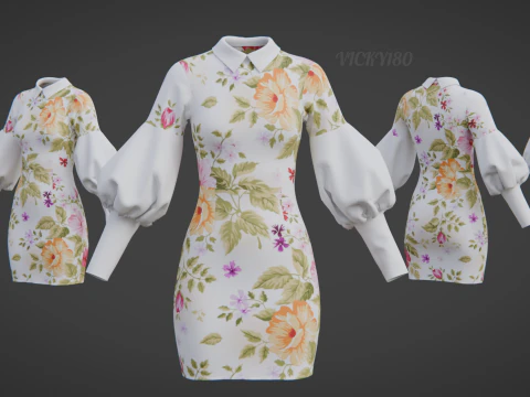 Pretty Floral Mini Dress -Puff Sleeve Collar Bodycon Gown Outfit 3D Model