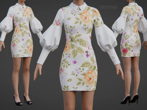 Pretty Floral Mini Dress -Puff Sleeve Collar Bodycon Gown Outfit 3D Model