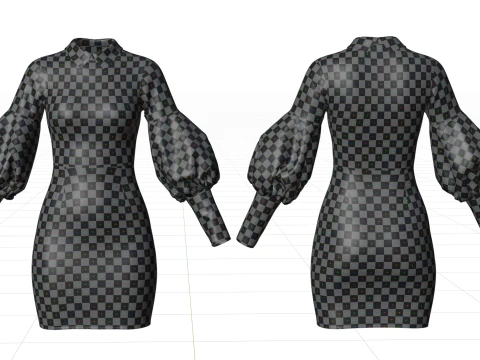 Pretty Floral Mini Dress -Puff Sleeve Collar Bodycon Gown Outfit 3D Model