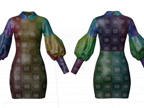 Pretty Floral Mini Dress -Puff Sleeve Collar Bodycon Gown Outfit 3D Model