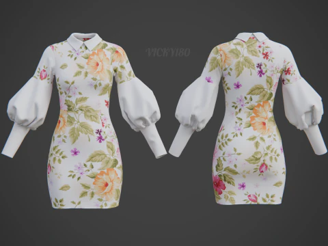Pretty Floral Mini Dress -Puff Sleeve Collar Bodycon Gown Outfit 3D Model