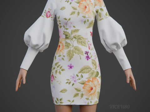 Pretty Floral Mini Dress -Puff Sleeve Collar Bodycon Gown Outfit 3D Model