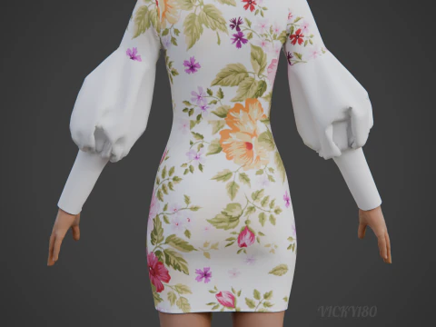 Pretty Floral Mini Dress -Puff Sleeve Collar Bodycon Gown Outfit 3D Model