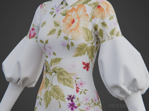 Pretty Floral Mini Dress -Puff Sleeve Collar Bodycon Gown Outfit 3D Model