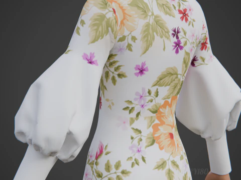 Pretty Floral Mini Dress -Puff Sleeve Collar Bodycon Gown Outfit 3D Model