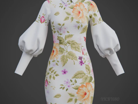 Pretty Floral Mini Dress -Puff Sleeve Collar Bodycon Gown Outfit 3D Model