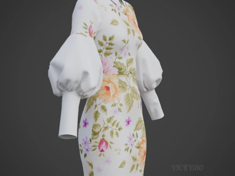 Pretty Floral Mini Dress -Puff Sleeve Collar Bodycon Gown Outfit 3D Model