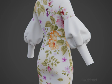 Pretty Floral Mini Dress -Puff Sleeve Collar Bodycon Gown Outfit 3D Model