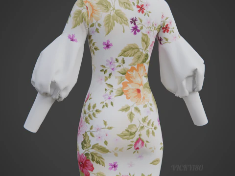 Pretty Floral Mini Dress -Puff Sleeve Collar Bodycon Gown Outfit 3D Model