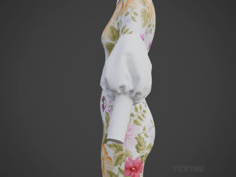 Pretty Floral Mini Dress -Puff Sleeve Collar Bodycon Gown Outfit 3D Model