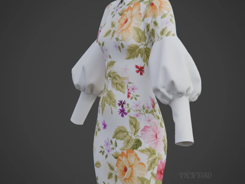 Pretty Floral Mini Dress -Puff Sleeve Collar Bodycon Gown Outfit 3D Model