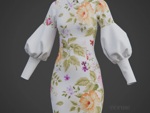 Pretty Floral Mini Dress -Puff Sleeve Collar Bodycon Gown Outfit 3D Model