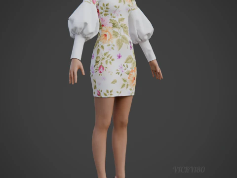 Pretty Floral Mini Dress -Puff Sleeve Collar Bodycon Gown Outfit 3D Model