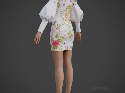 Pretty Floral Mini Dress -Puff Sleeve Collar Bodycon Gown Outfit 3D Model