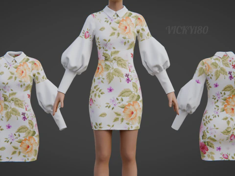 Pretty Floral Mini Dress -Puff Sleeve Collar Bodycon Gown Outfit 3D Model