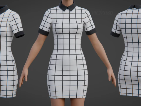 Vestido Sexy Xadrez Branco Bodycon Modelo 3D