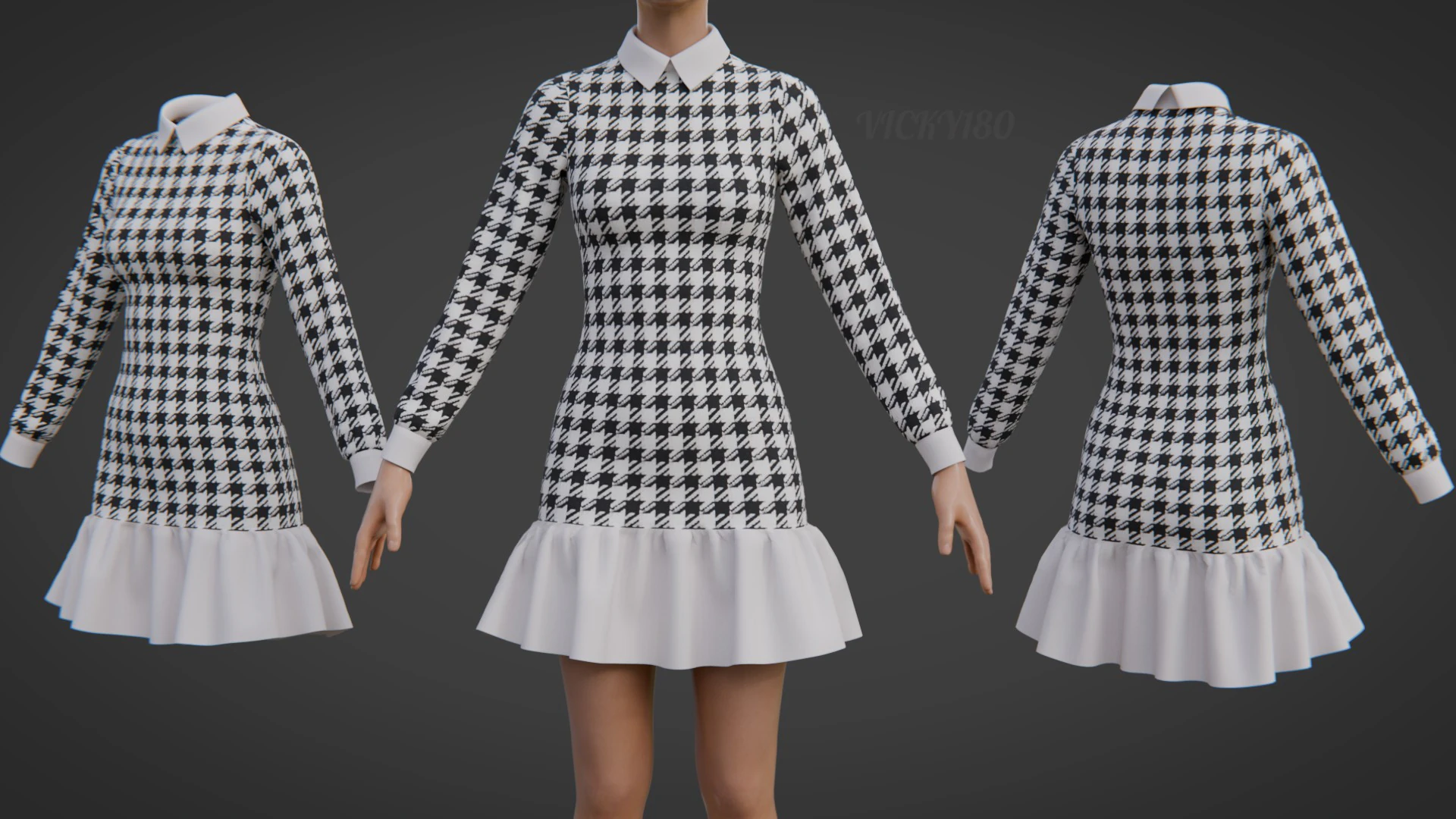 Womens Houndstooth Tweed Mini Dress Classy 3D Clothing Asset 3D Model .c4d .max .obj .3ds .fbx .stl .blend 
