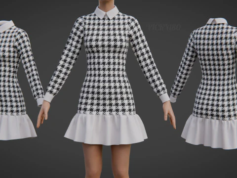 Dames Houndstooth Tweed Mini-jurk Stijlvolle 3D-kledingactivum 3D Model
