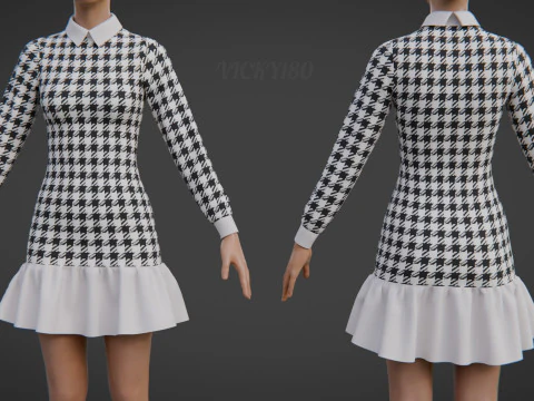 Womens Houndstooth Tweed Mini Dress Classy 3D Clothing Asset 3D Model