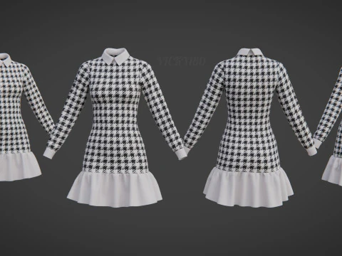 Womens Houndstooth Tweed Mini Dress Classy 3D Clothing Asset 3D Model