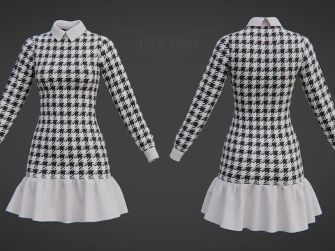 Womens Houndstooth Tweed Mini Dress Classy 3D Clothing Asset 3D Model