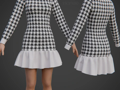 Womens Houndstooth Tweed Mini Dress Classy 3D Clothing Asset 3D Model