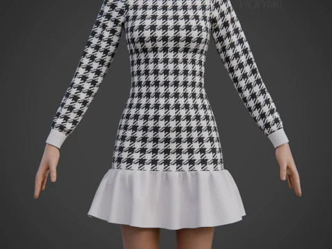 Womens Houndstooth Tweed Mini Dress Classy 3D Clothing Asset 3D Model