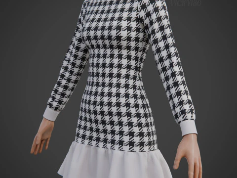 Womens Houndstooth Tweed Mini Dress Classy 3D Clothing Asset 3D Model