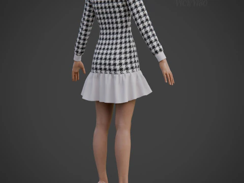 Womens Houndstooth Tweed Mini Dress Classy 3D Clothing Asset 3D Model