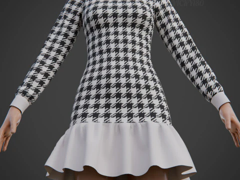 Womens Houndstooth Tweed Mini Dress Classy 3D Clothing Asset 3D Model