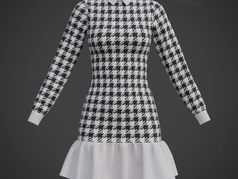 Womens Houndstooth Tweed Mini Dress Classy 3D Clothing Asset 3D Model