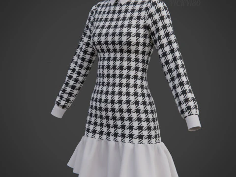 Womens Houndstooth Tweed Mini Dress Classy 3D Clothing Asset 3D Model