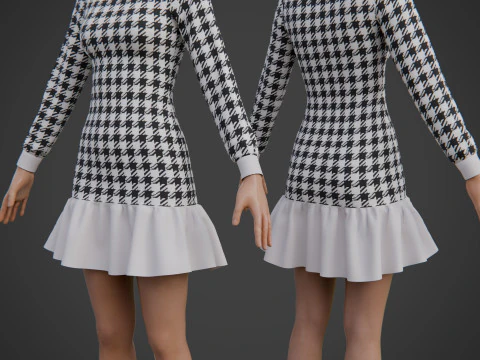 Womens Houndstooth Tweed Mini Dress Classy 3D Clothing Asset 3D Model