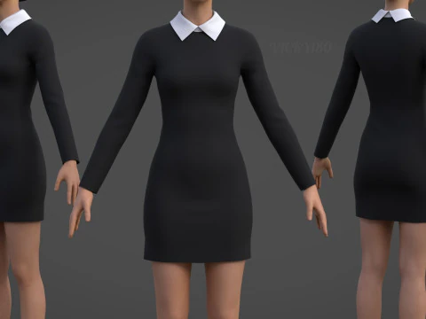 Vestido curto bodycon feminino de manga comprida com gola - Modelo 3D Modelo 3D