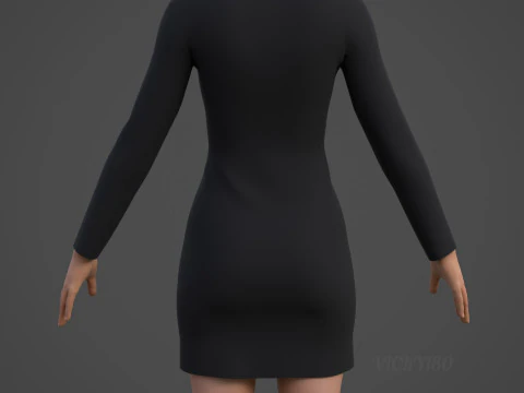Womens Long Sleeve Bodycon Short Dress with Collar - 3D Fashion Model 3D Model