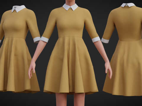 Damska sukienka biurowa z musztardowym kołnierzykiem - model odzieży 3D Model 3D