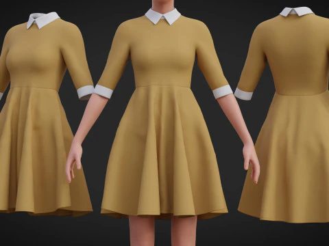 Vestido feminino de escrit&oacute;rio com gola mostarda - Modelo de roupa 3D Modelo 3D