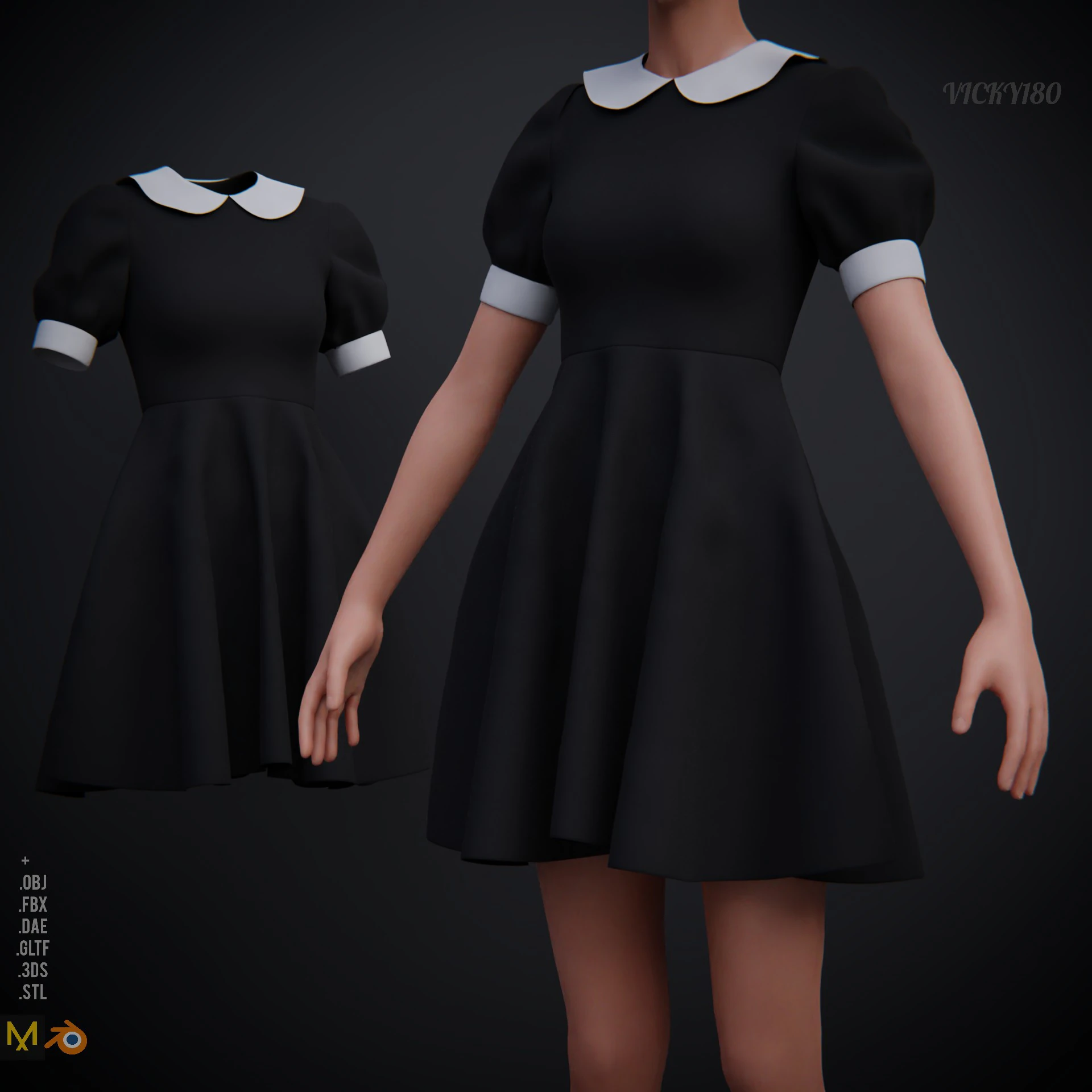 Black Peter pan collar dress 3D Model .c4d .max .obj .3ds .fbx .stl .blend 