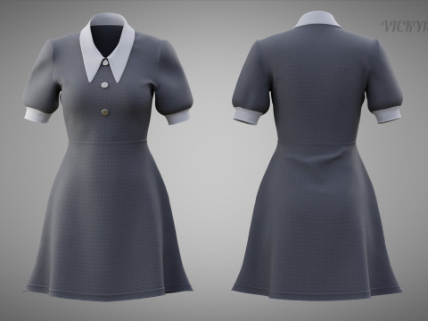 Damska szara sukienka biurowa z kołnierzykiem Model 3D odzieży Model 3D