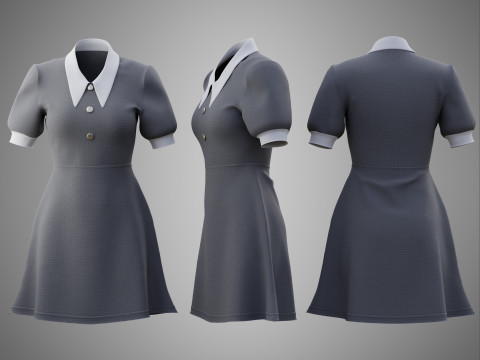 Damska szara sukienka biurowa z kołnierzykiem Model 3D odzieży Model 3D